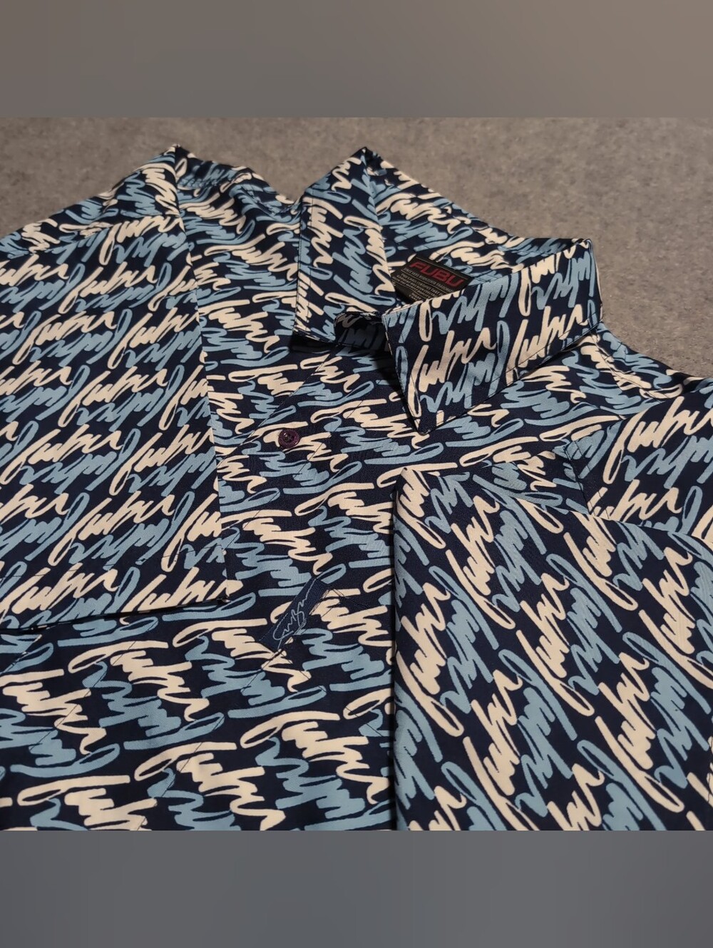 Vintage 94 FUBU Script Monogram All-Over Print Short Sleeve Size XL Crispy Blue